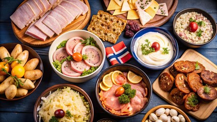 Table filled with traditional Norwegian dishes and treats , Norwegian, cuisine, food, background, smorgasbord, Scandinavia