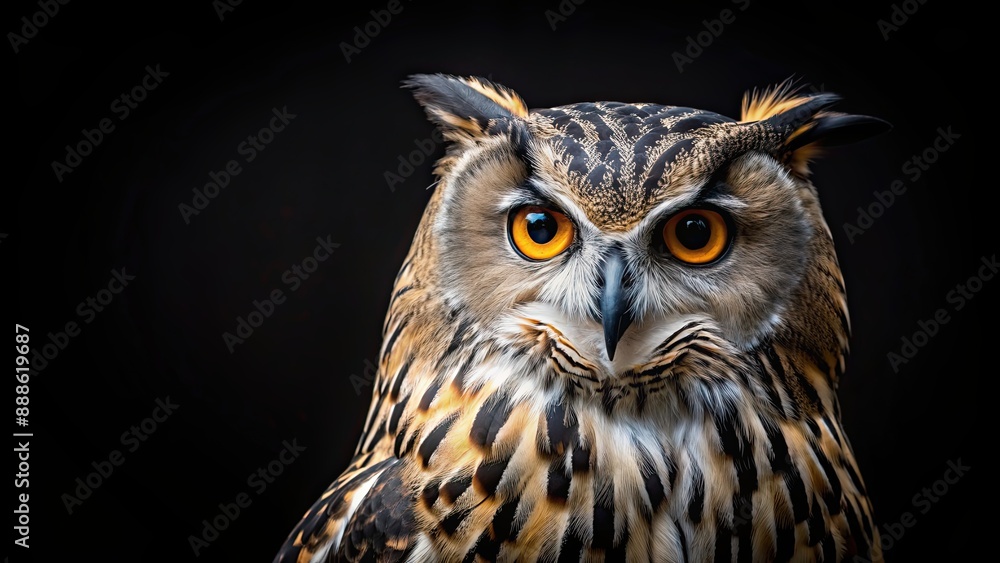 Poster Majestic owl facing front on black background, owl, bird, nocturnal, wise, feathers, wildlife, nature, predator, beautiful