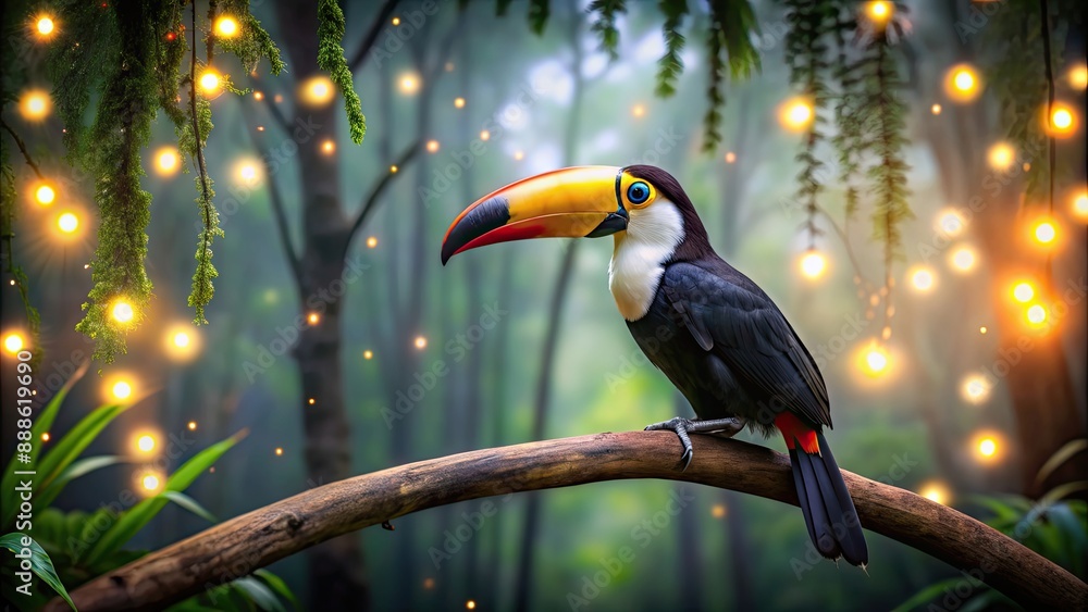 Wall mural Toucan perched in a flickering illuminated forest at night, Toucan, bird, exotic, colorful, night, illuminated, forest, jungle