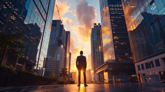 A successful, happy, wealthy businessman stands in a big city, a street, modern skyscrapers at sunset, thinking about his vision for the future.