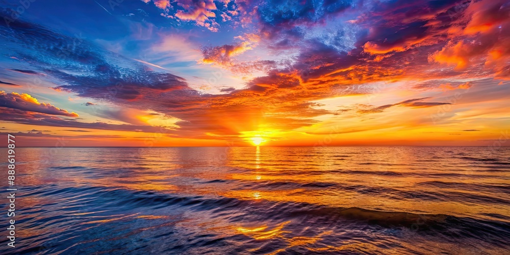 Poster Vibrant sunset casting warm hues over calm sea waters, sunset, sea, horizon, waves, water, reflections, sky, clouds, ocean