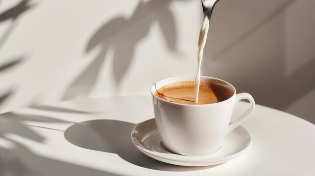 A white coffee cup with milk poured into it