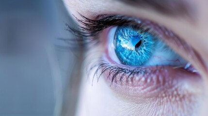 A woman's eye is open and has a blue iris
