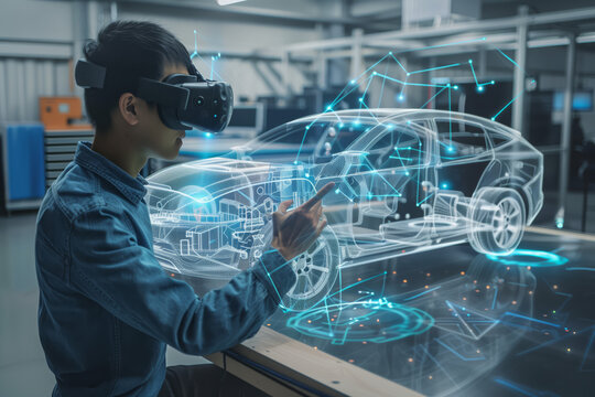 designer drawing a holographic car model in blue light in virtual space in headset