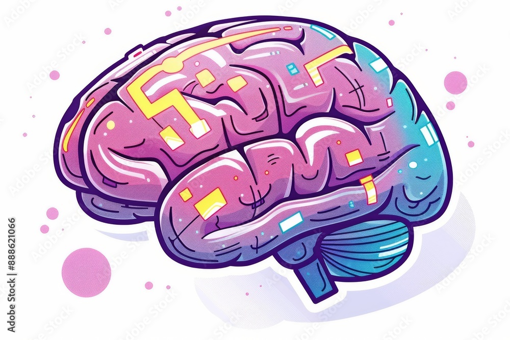 Poster brain illustration with purple and yellow circuitry abstract digital art futuristic design technolog