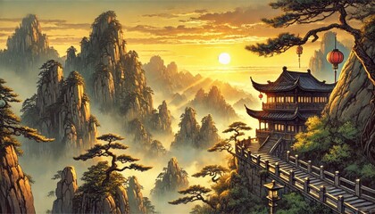 Enchanting sunrise over Yellow Mountains, China, with iconic jagged peaks and pine trees emerging from the mist