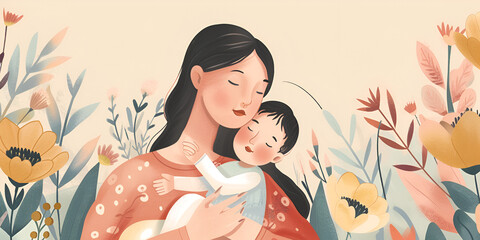  Mother and child in a serene illustrated scene, Tender illustration of a mother holding her child