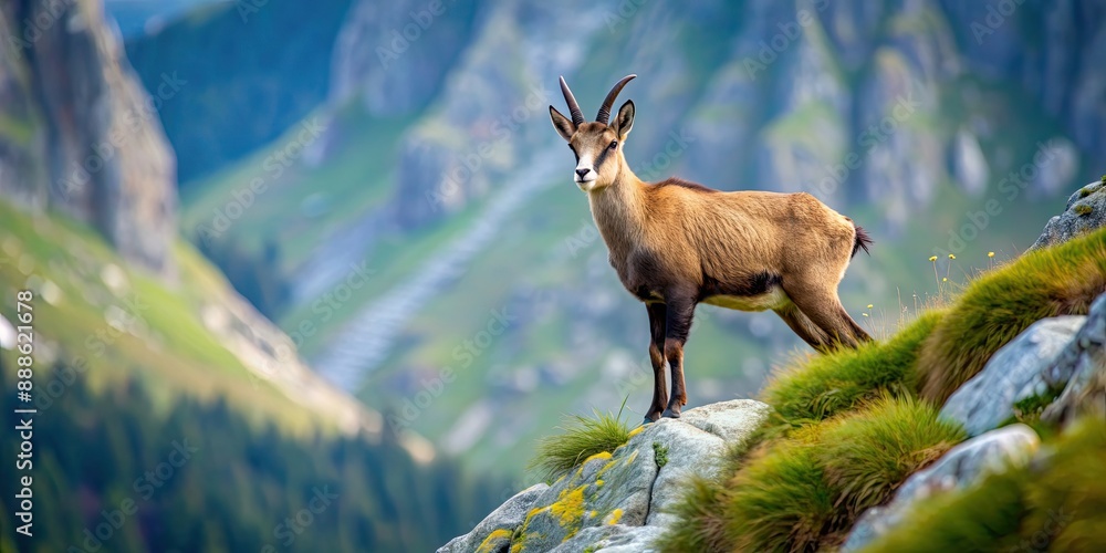 Poster Chamois wild goat standing on a rocky mountain slope, gazing down, Chamois, wild goat, mountain, landscape, rocks, cliff