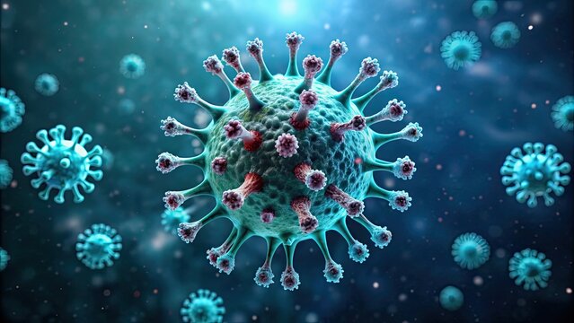 rendered of a virus, virus, microscopic, digital, bacteria, infection, disease, science, biology, pandemic, health, cell