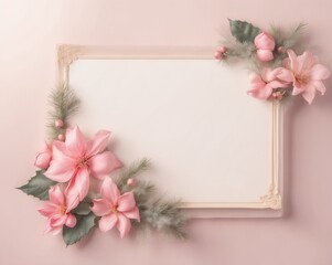 Elegant pink floral frame with green leaves in soft colors, perfect for weddings or celebrations