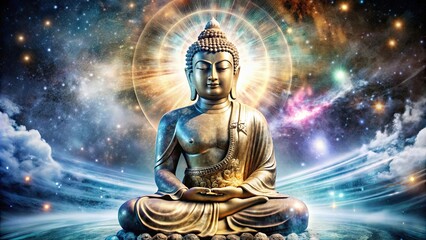 Fototapeta premium Mesmerizing Buddha statue in a surreal celestial realm with ethereal, spiritual vibes and majestic aesthetics , Buddha