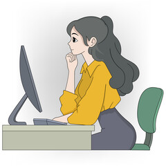 Concentrated Young Woman Working at a Computer in Office Setting