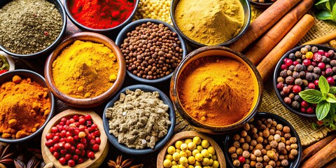 Vibrant stock photo of various aromatic spices including turmeric, paprika, cinnamon, and cumin , Spice, Turmeric