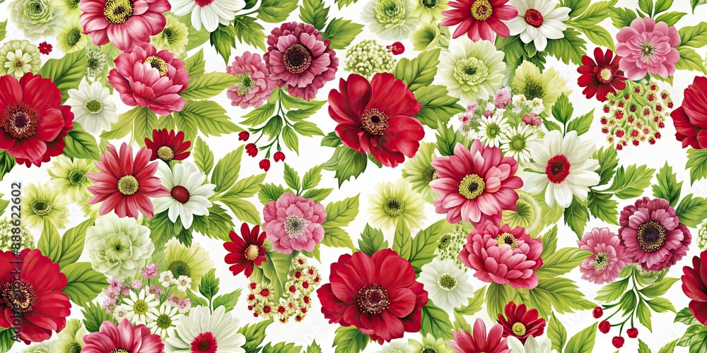 Poster Seamless pattern of colorful flowers on a white background, flowers, seamless, pattern, floral, texture, design