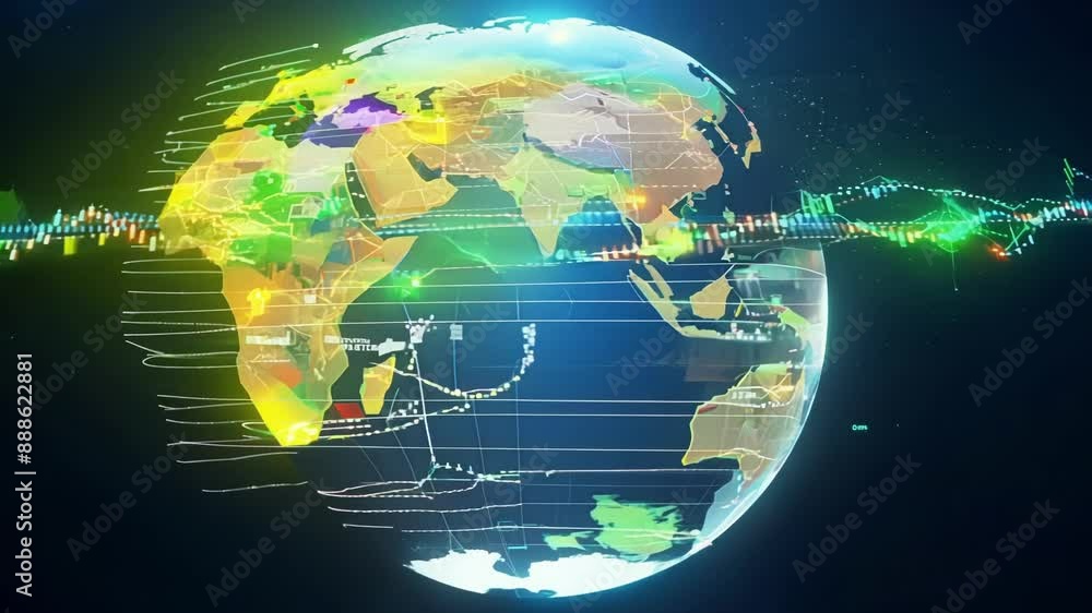 Poster an interactive hologram of a global economic network displaying predicted connections and their effe
