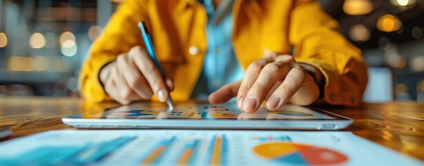 Marketing analytics strategy with a hand analyzing metrics on a tablet