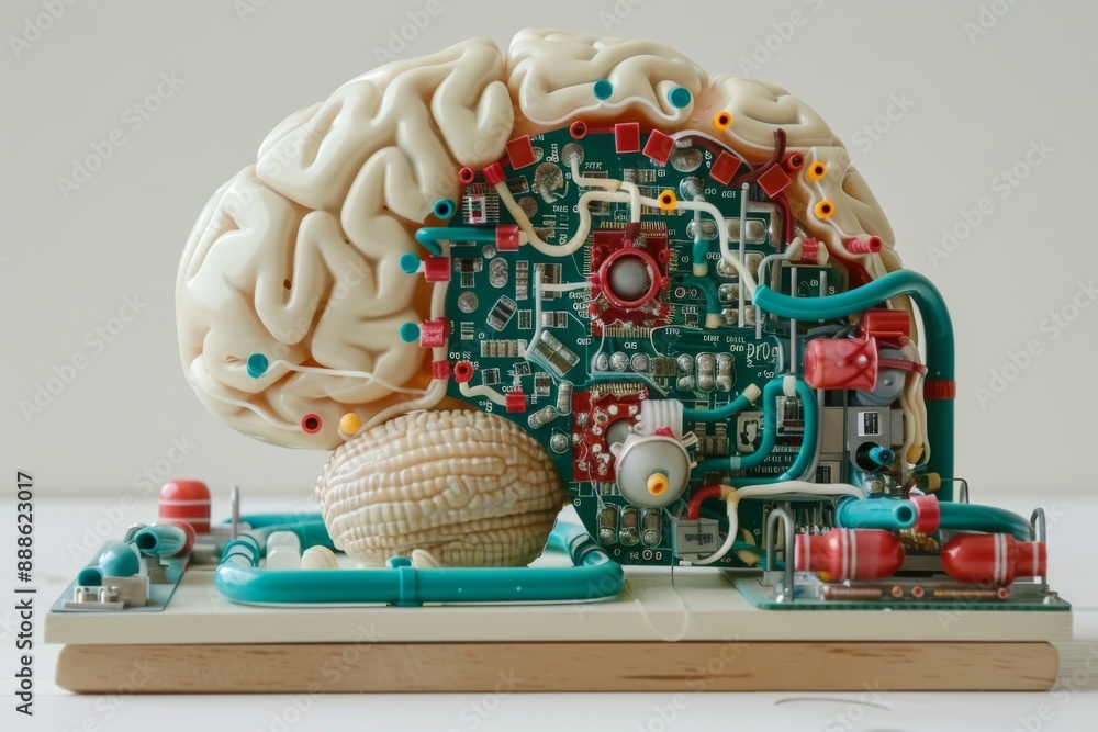 Poster brain model with internal circuitry conceptual art technological integration cybernetic brain modern