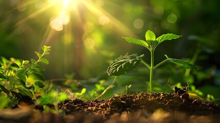 A beautiful green little plant coming out of the earthen soil with a beautiful blurred green background with sunbeams
