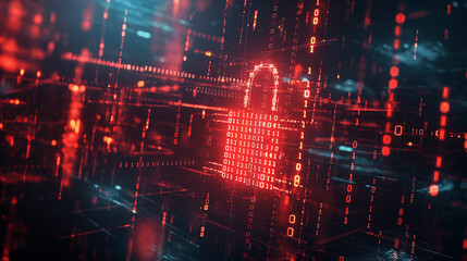 Fototapeta premium Digital padlock surrounded by cascading binary code on a dark, ominous background