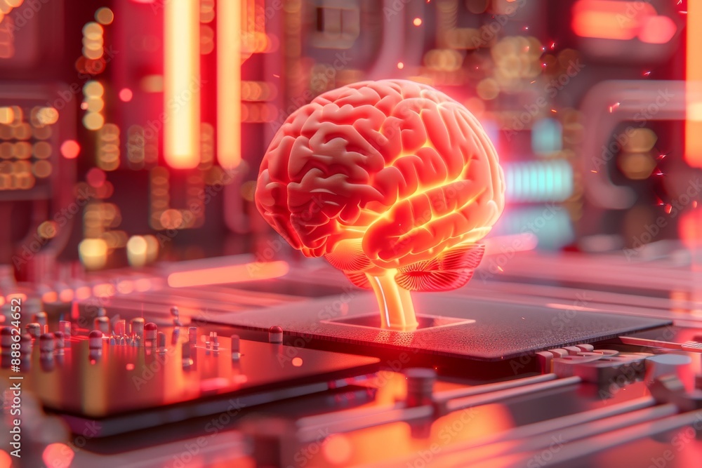 Poster brain model with glowing red circuitry futuristic design technological integration cybernetic brain 