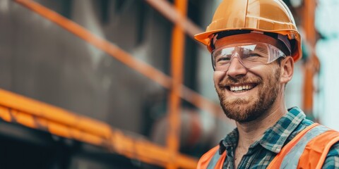 A male construction worker in a hard hat and safety glasses at a construction site. Construction of a multi-storey building. 