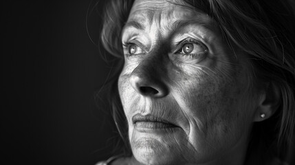 Obraz premium B&W Photography of a Middle-Aged Woman with a Serious Expression, Showing Determination