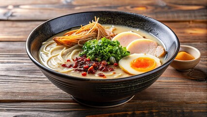 A delicious bowl of Japanese Tonkotsu Ramen topped with dried fish flakes, Japanese, Tonkotsu, Ramen, Dried fish, Topping