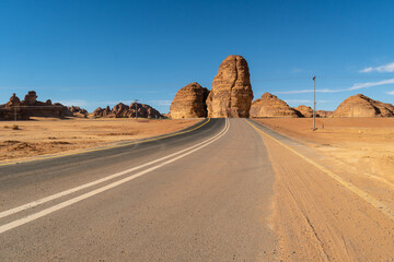 Al Ula, Saudi Arabia: Point of view of a car driving on the road through the Al Ula area, famous...
