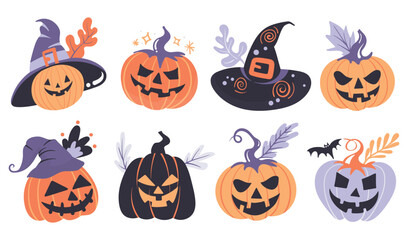 Set of isolated Halloween decoration elements for sticker, badge, tag or label in cute graphic illustration style on transparent background, Volume 4: vivid orange, purple and black color tone.