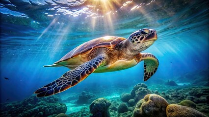 Fototapeta premium Majestic sea turtle swimming gracefully in the ocean , marine life, reptile, underwater, shell, wildlife, conservation