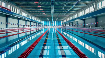 Indoor swimming pool lanes with focused lane ropes and blurred background