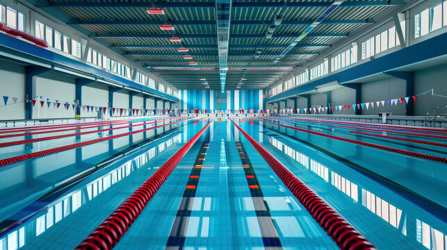 Indoor swimming pool lanes with focused lane ropes and blurred background