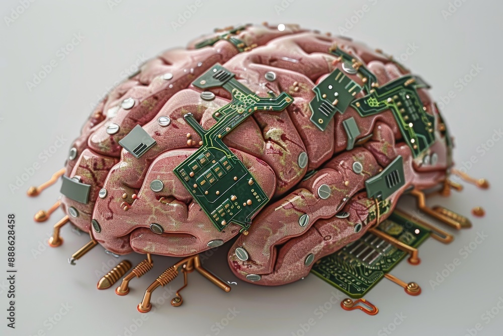 Poster brain with green circuit board technological brain cybernetic enhancement modern science advanced re