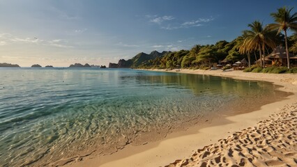 A beautiful lagoon with the soft, warm sand, basking in the golden sunlight with a look of serene contentment, while the lagoon's gentle waves lap at the shore, creating a magical and soothing ambianc