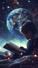 Naklejka premium International Day of the Social Pedagogue. World Teacher's Day. A boy reads a book against the background of the planet