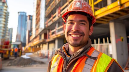 Photograph of a male construction contractor posing in front of a construction site, looking at the camera, smiling.