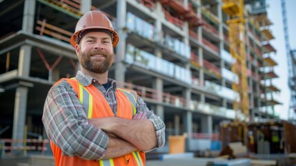 Obraz premium Photograph of a male construction contractor posing in front of a construction site, looking at the camera, smiling.