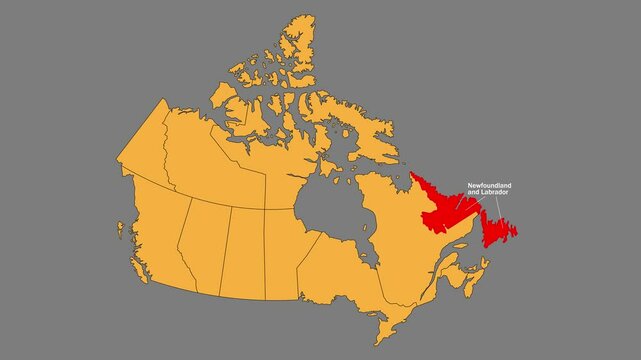  New Foundland and Labrador map animated video. Map Highlighted on the Canada map with animation and colour with Gray background in video format.	
