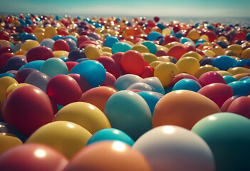 Obraz premium A vast collection of colorful balloons floating on water under a clear sky.