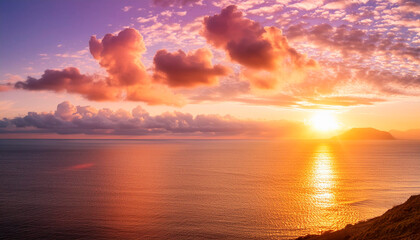 Fototapeta premium Beautiful sunset over the sea. Colorful sky with clouds.