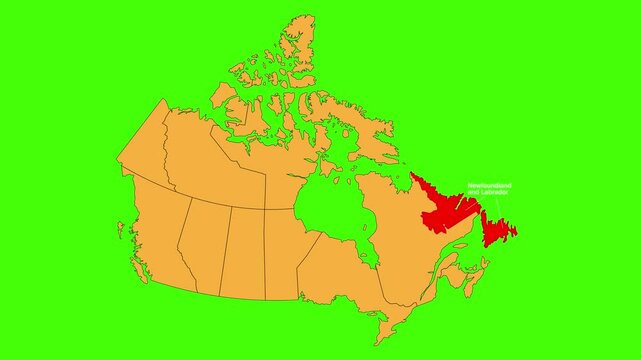 New Foundland and Labrador map animated video. Map Highlighted on the Canada map with animation and colour with Green screen background in video format.	
