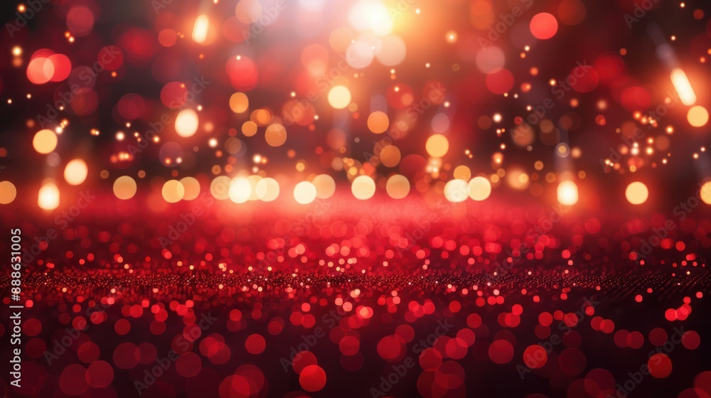 Poster abstract animation of slow move on red carpet with light bulbs for projectors on glossy floor. falli
