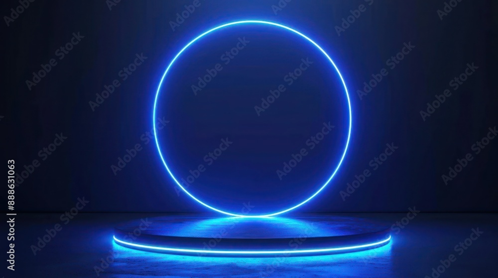 Poster blue podium with a bright glowing blinking neon circle. futuristic showcase with platform for produc