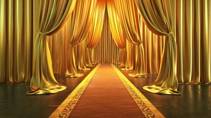 4k Red carpet.Opening luxure gold velvet curtains with green chroma key and track points. Gold Stage Curtain 3d animation. 