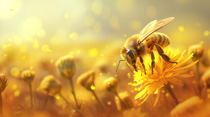 Naklejka premium Bee gathering pollen from yellow flower, wild nature scenery, realistic spring/summer scene