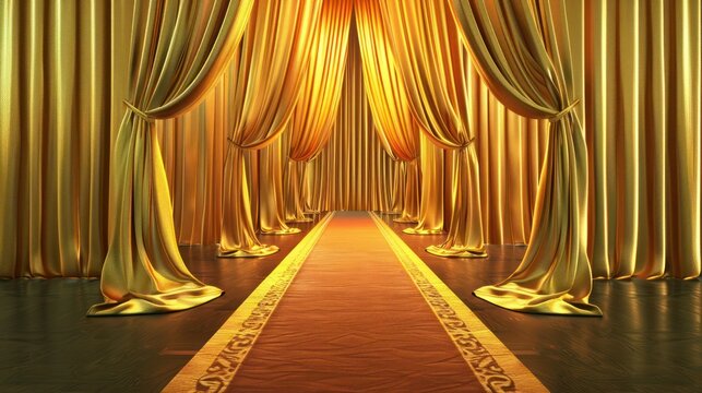 4k Red carpet.Opening luxure gold velvet curtains with green chroma key and track points. Gold Stage Curtain 3d animation. - Powered by Adobe