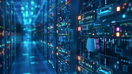 Obraz premium Cyber security concept. Blue lock symbol, point connecting network on blue background. blue background, padlock with lock, cybersecurity, cybersecurity background, padlock icon, digital security,