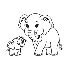 Line art of mother elephant walking to see her baby elephant cartoon vector