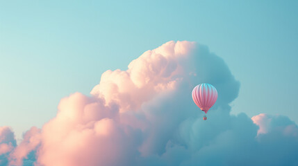Obraz premium Pink Hot Air Balloon Floating Among Soft Clouds in Blue Sky..