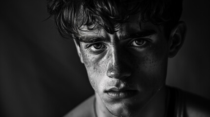 B&W Photography of a Young Man with a Melancholic Expression, Showing Sadness